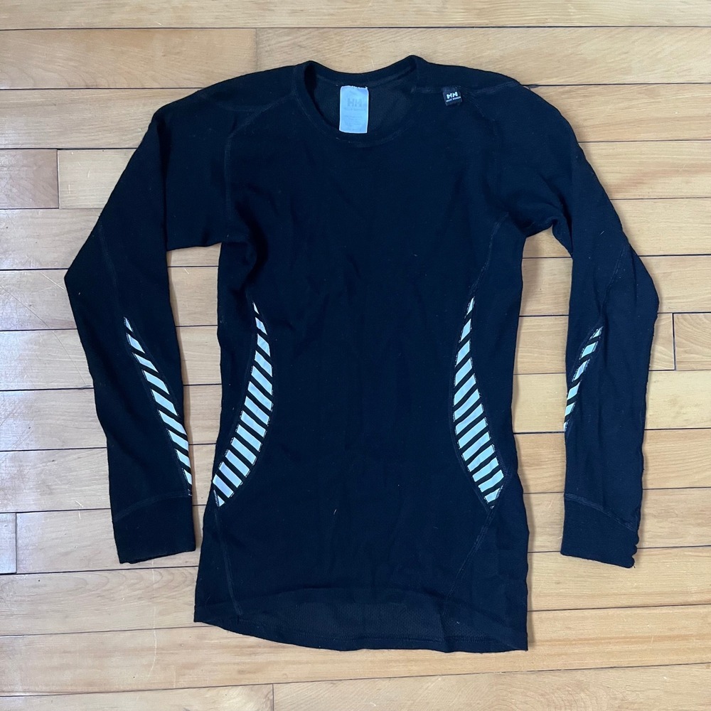 Helly Hansen Lifa Mens Black Long Sleeve Base Layer Crew Neck Top Striped Accent